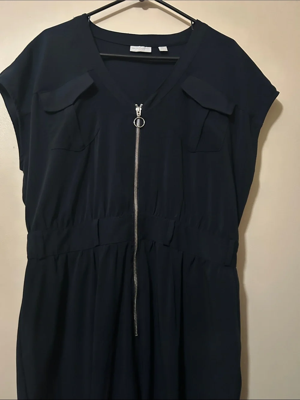 New York & Company Black Zip-Front Short Sleeve Jumpsuit